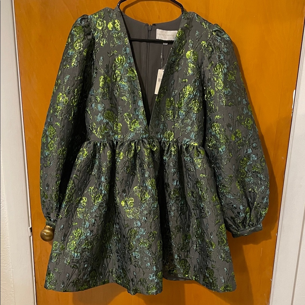 Corey Lynn Calter Gray Dress with Green and Blue Floral Accents